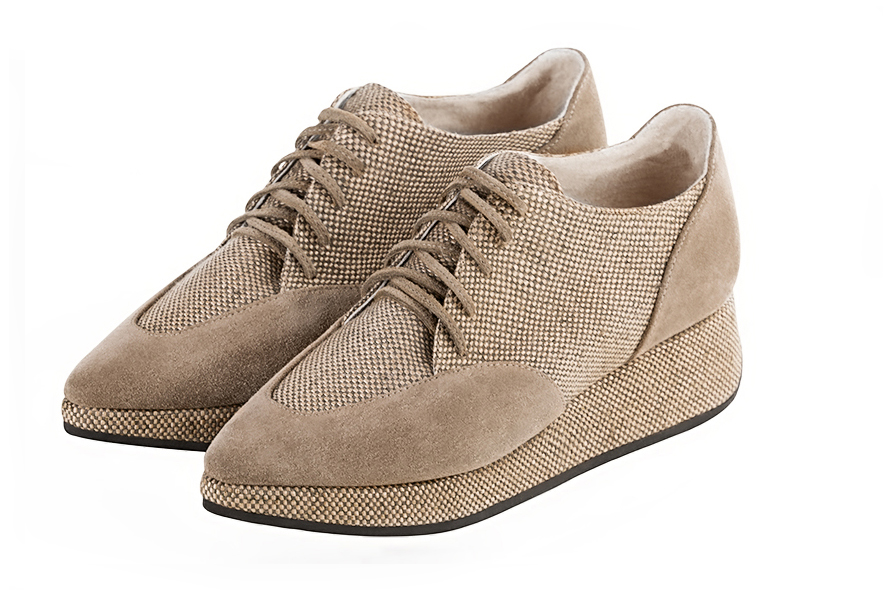 Tan beige women's casual lace-up shoes. Pointed toe. Low wedge soles. Front view - Florence KOOIJMAN